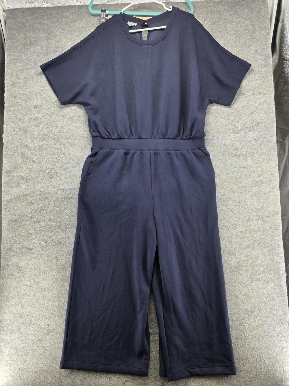 T By Talbots Jumpsuit Womens XL Blue One-Piece Crew Neck Short Sleeve Pockets